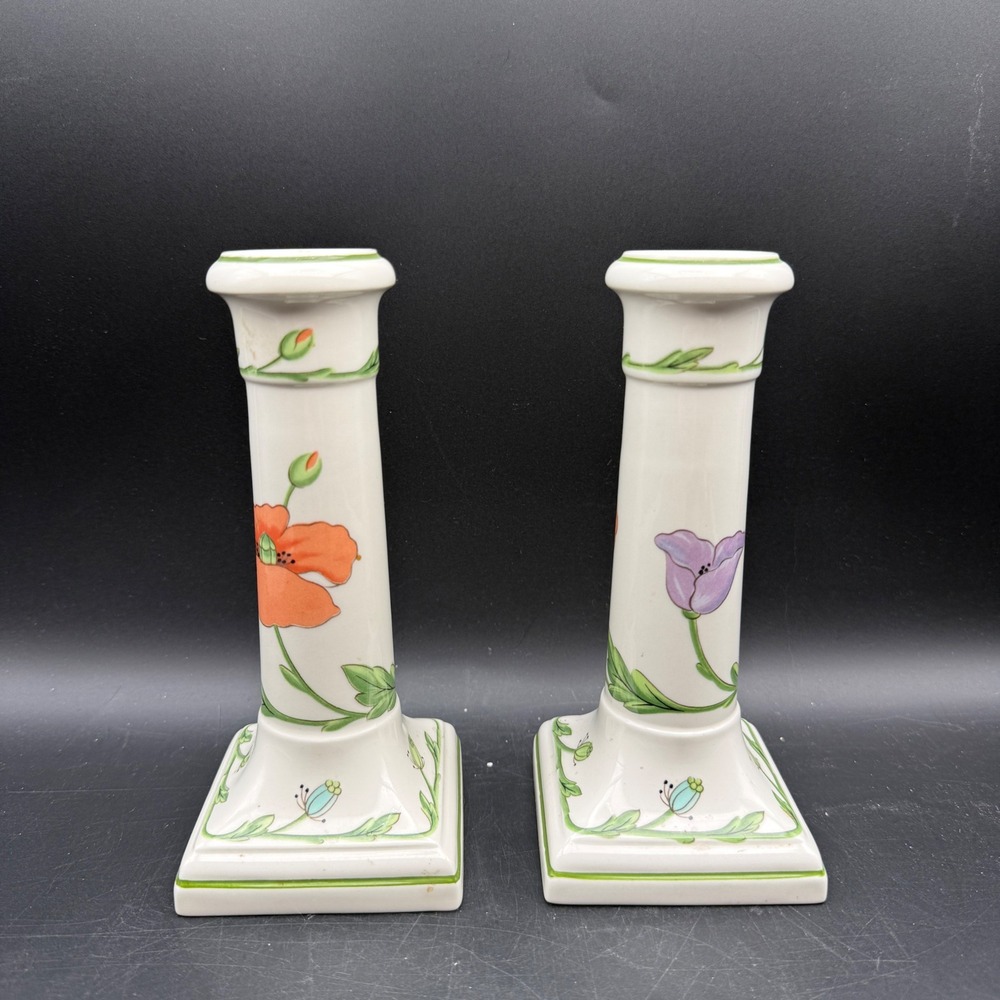 Villeroy & Boch AMAPOLA Poppies 6.5" Candlesticks Pair Vintage Floral Cottage